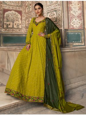 lime green premium georgette designer gown with dupatta small fabgo20196