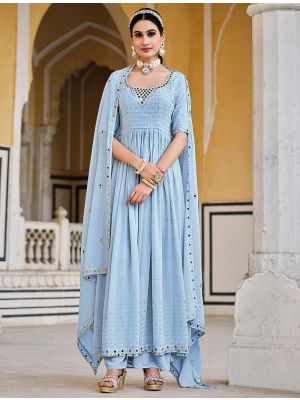 Sky Blue Georgette Palazzo Suit With Mirror Embroidery small FABSL21484