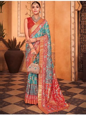 Aqua Blue Cotton Silk Foil Printed Woven Saree