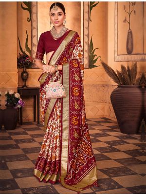 Creamy White Cotton Silk Foil Printed Woven Saree