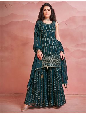 Dark Teal Pure Georgette Readymade Sharara Suit FABSL21505