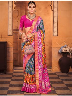 Denim Blue Cotton Silk Foil Printed Woven Saree