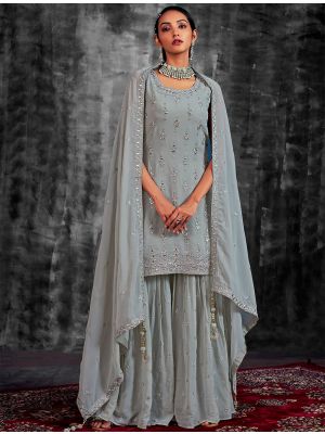 Light Grey Pure Georgette Readymade Sharara Suit FABSL21494