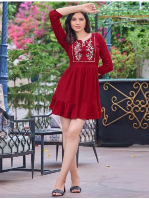 maroon rayon slub embroidered short kurti fabku20746