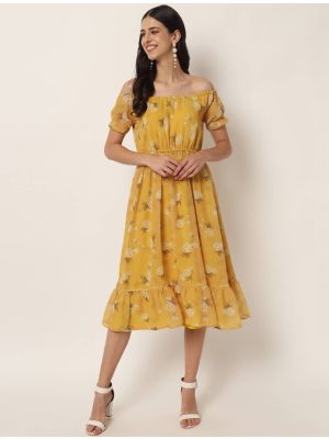 mustard georgette floral printed midi dress fabku20745