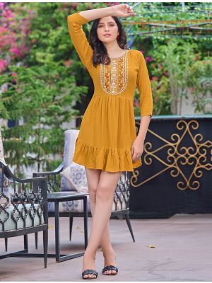mustard rayon slub embroidered short kurti fabku20748