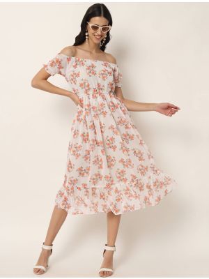 off white georgette floral printed midi dress fabku20744
