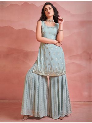 Pastel Green Pure Georgette Readymade Sharara Suit FABSL21503