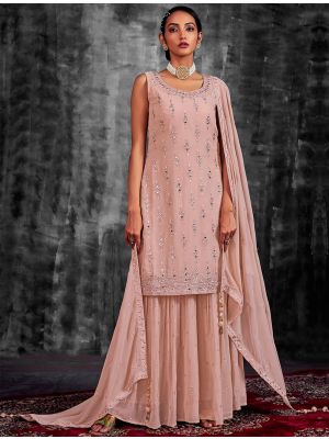 Pastel Peach Pure Georgette Readymade Sharara Suit FABSL21500