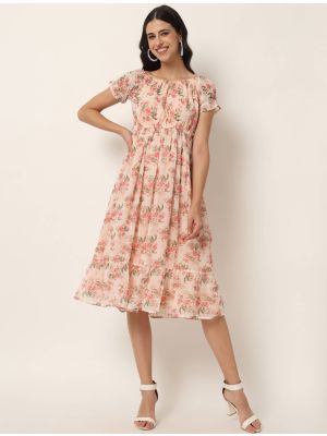 peach georgette floral printed midi dress fabku20742