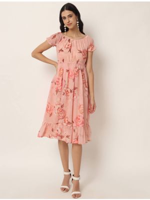 pink georgette floral printed midi dress fabku20740