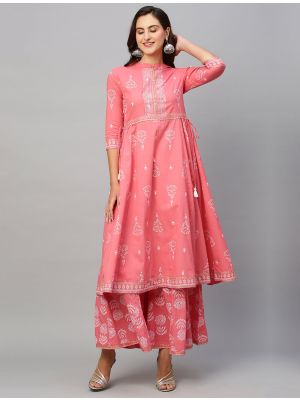 pink pure cotton printed kurti with bottom fabku20758