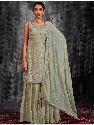 Pista Green Pure Georgette Readymade Sharara Suit FABSL21497