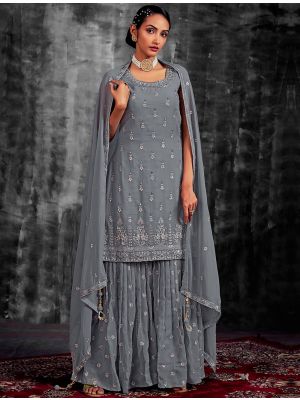 Royal Grey Pure Georgette Readymade Sharara Suit FABSL21496