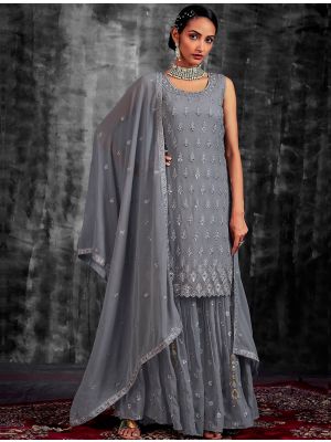 Steel Grey Pure Georgette Readymade Sharara Suit FABSL21499