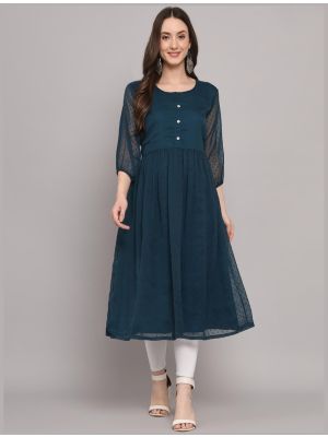 teal blue georgette long kurti with thousand butti work fabku20752