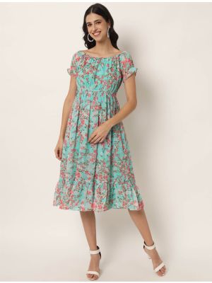 turquoise georgette floral printed midi dress fabku20741