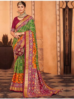 Vibrant Green Cotton Silk Foil Printed Woven Saree