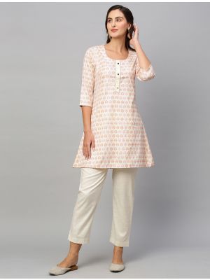 white pure cotton printed kurti with bottom fabku20762