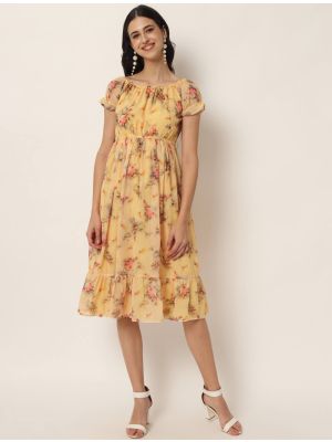 yellow georgette floral printed midi dress fabku20743