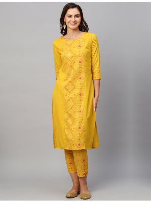 yellow pure cotton printed kurti with bottom fabku20761
