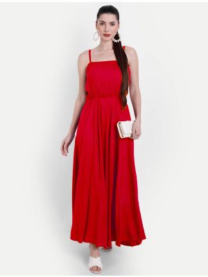 bright red viscose rayon flared sleeveless maxi dress fabku20818