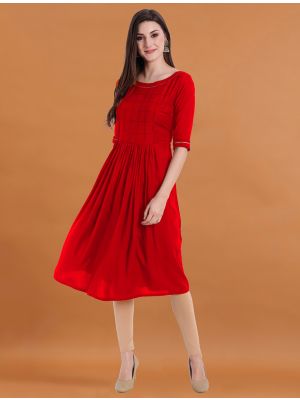 bright red viscose rayon stylish casual wear kurti fabku20802