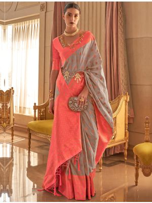 Grey Bamboo Silk Saree With Copper Zari Weaving
