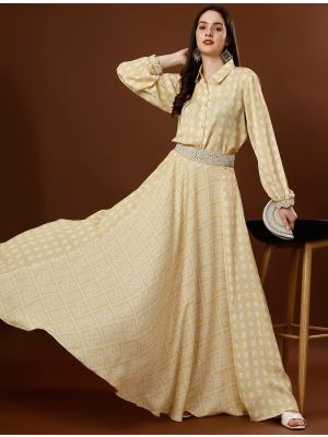 yellow chiffon satin modern indo western dress fabku20777