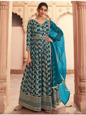 Aqua Blue Dola Silk Semi Stitched Anarkali Suit FABSL21559