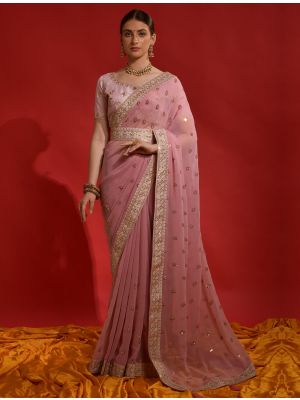 Baby Pink Party Wear Georgette Saree With Sequins