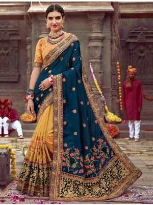 Blue Sana Silk Embroidered Saree With Diamond Work