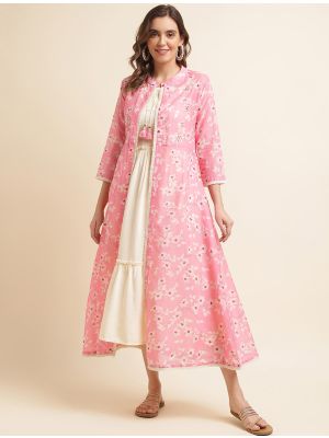 creamy white rayon cotton women dress with printed shrug fabku20828