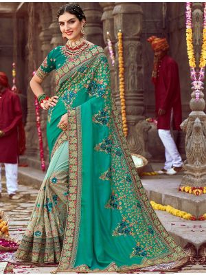 Cyan Sana Silk Embroidered Saree With Diamond Work
