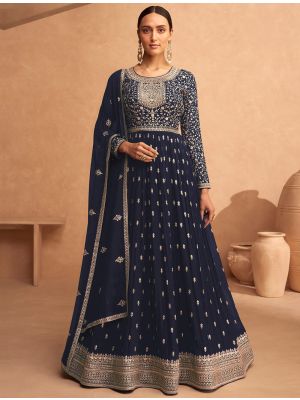 Dark Blue Georgette Semi Stitched Sequined Anarkali Suit small FABSL21550