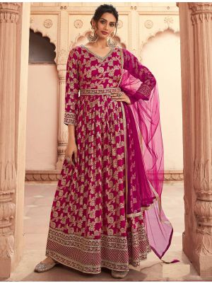 Dark Pink Dola Silk Semi Stitched Anarkali Suit small FABSL21557
