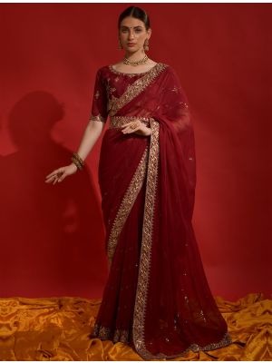 Dark Red Party Wear Georgette Saree With Sequins