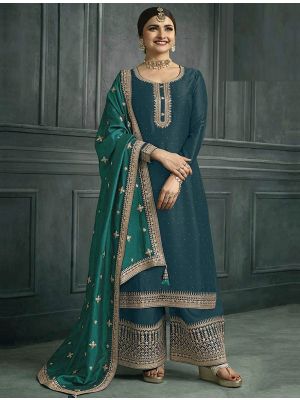 Deep Aqua Silk Georgette Embroidered Palazzo Suit FABSL21519