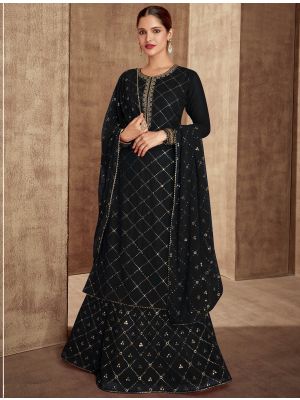 Deep Black Georgette Semi Stitched Designer Lehenga Suit small FABSL21543