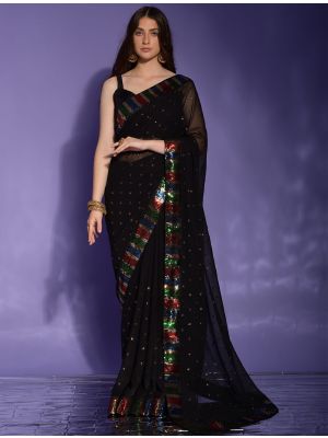Deep Black Party Wear Georgette Saree With Sequins
