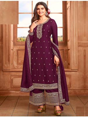 Deep Purple Silk Georgette Embroidered Palazzo Suit small FABSL21517