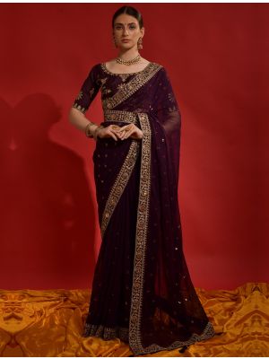 Deep Wine Party Wear Georgette Saree With Sequins