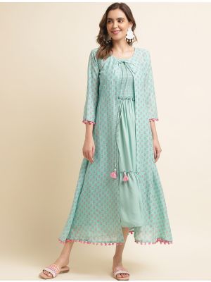 light blue rayon cotton women dress with printed shrug fabku20829