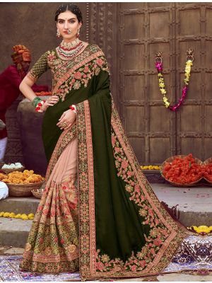 Mehendi Green Sana Silk Embroidered Saree With Diamond Work