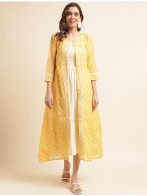 milky white rayon cotton women dress with printed shrug fabku20825