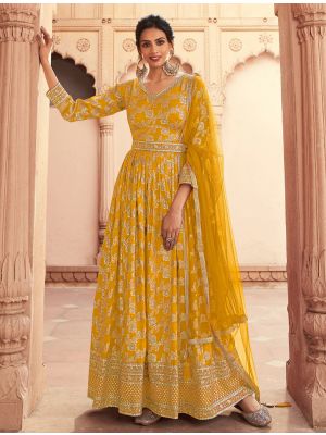 Mustard Yellow Dola Silk Semi Stitched Anarkali Suit FABSL21558