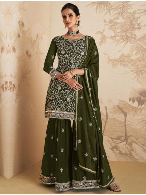 Olive Green Georgette Semi Stitched Sharara Suit FABSL21546