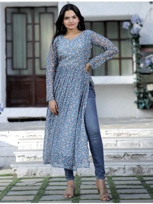 pastel blue georgette digital printed cut kurti fabku20823