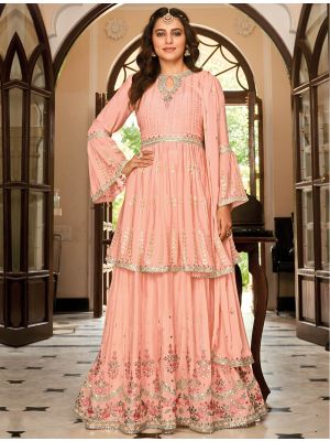 Peach Chinon Semi Stitched Designer Lehenga Suit FABSL21536