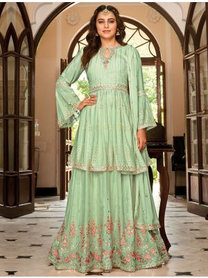 Pista Green Chinon Semi Stitched Designer Lehenga Suit FABSL21537